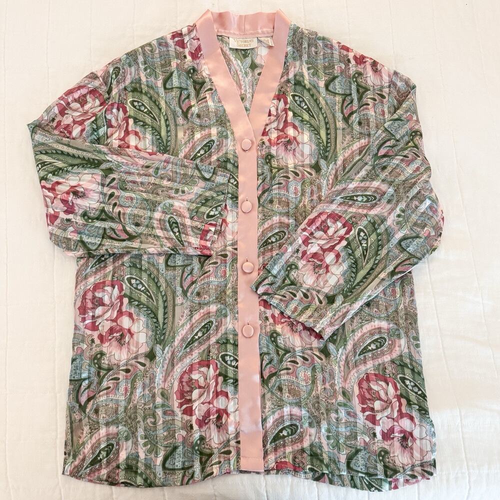 Victoria's Secret | Vintage Gold Label Pink‎ Floral Button Up Pajama Top SMALL - Picture 2 of 6